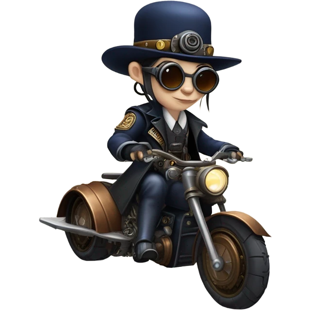 Bounty hunter Wednesday Addams Jedi wearing a pair of navy-blue rimmed steampunk goggles, hat, leather chaps, fringe jacket riding a relaxed sci-fi 3 wheeled steampunk rat rod motorcycle with large fenders and saddlebags in desert town  emoji