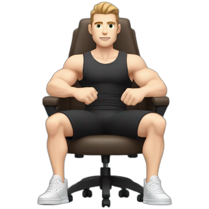 Pale skinned Fit Man With the biceps and dark brown hair in black shirt, gray sports shorts and white Sneakers Sitting on a chair emoji