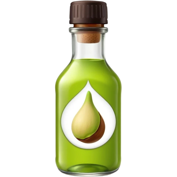 small glass bottle with translucent green liquid inside suggesting concentrated pistachio essence, narrow neck, simple unbranded label, dark cap, liquid slightly viscous with vivid natural tint, soft lighting, subtle shadows, emoji scale emoji