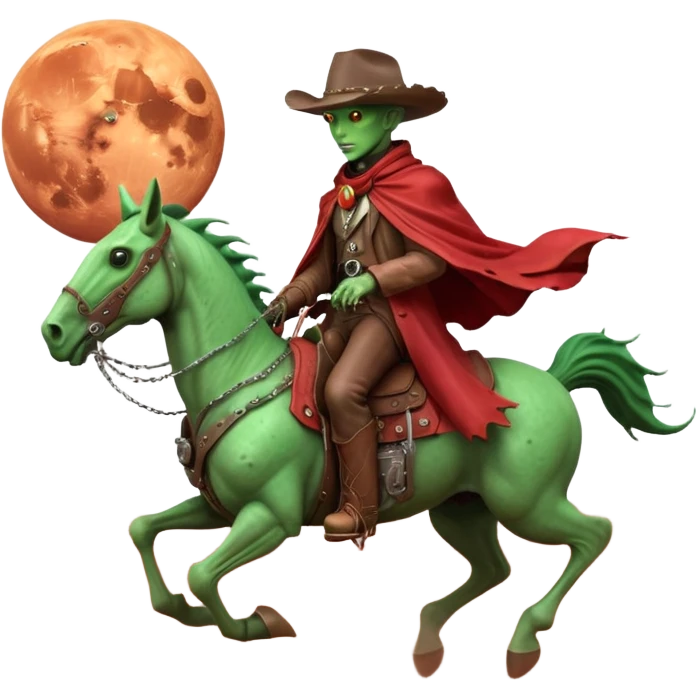 An alien cowboy riding a mechanical horse across a red Martian desert, two moons in the sky, dust storm swirling, wide cinematic shot, dramatic composition, hyper detailed, sci-fi western fusion emoji