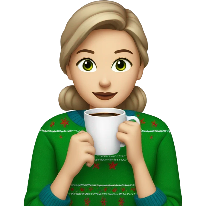 Light brown short haired girl with green eyes drinking coffee wearing blue Christmas sweater emoji