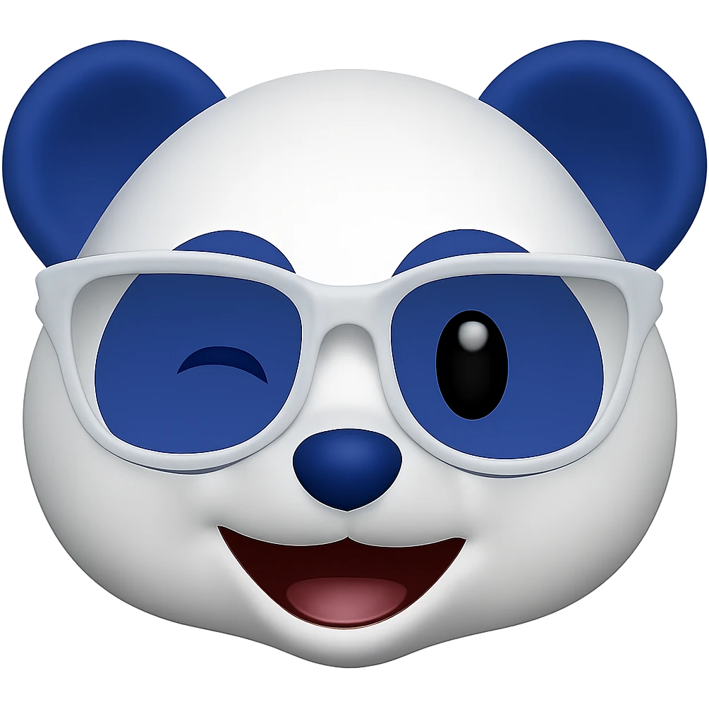 Make the panda's white designer glasses translucent and give the panda a cheeky wink, keeping the playful 3D emoji look with white and #002FA7 blue coloring. Remove the background. emoji