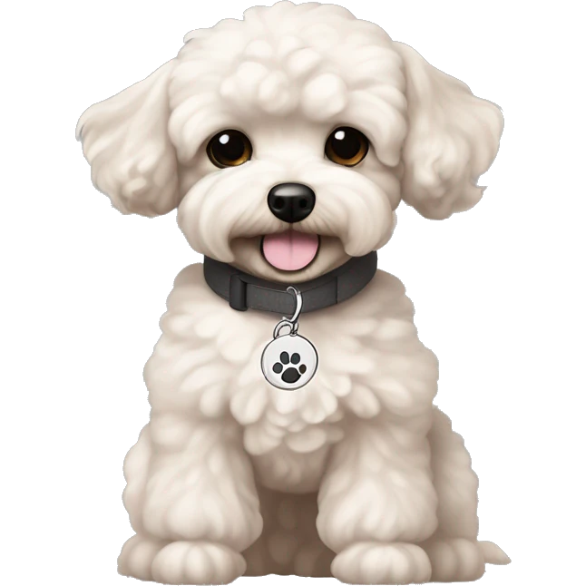 Generate a beige to greyish-white maltipoo dog (maltese + toy poodle) with dark grey ear tips and a black nose and brown eyes with a collar in light pink and the word beta written on the collars charm emoji