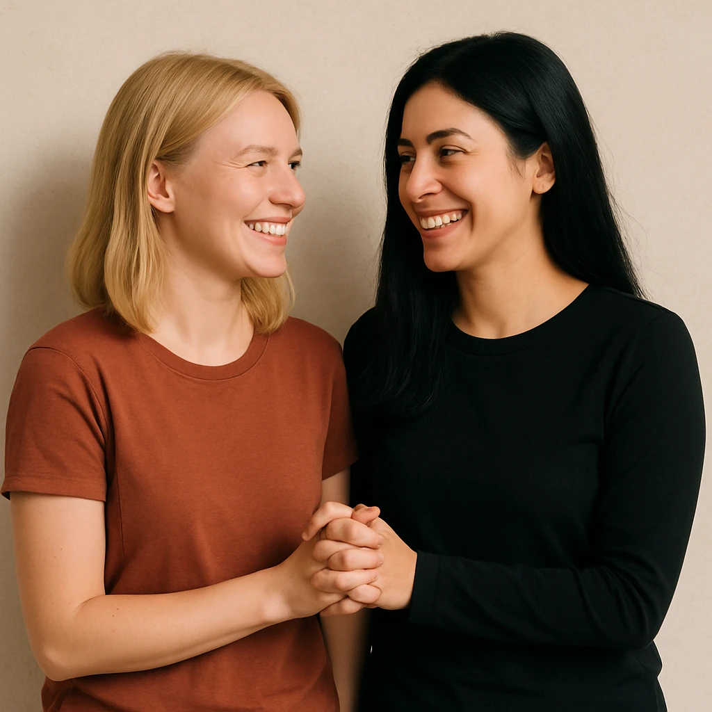 blonde woman and black-haired woman holding hands, lesbian couple, smiling, simple background emoji