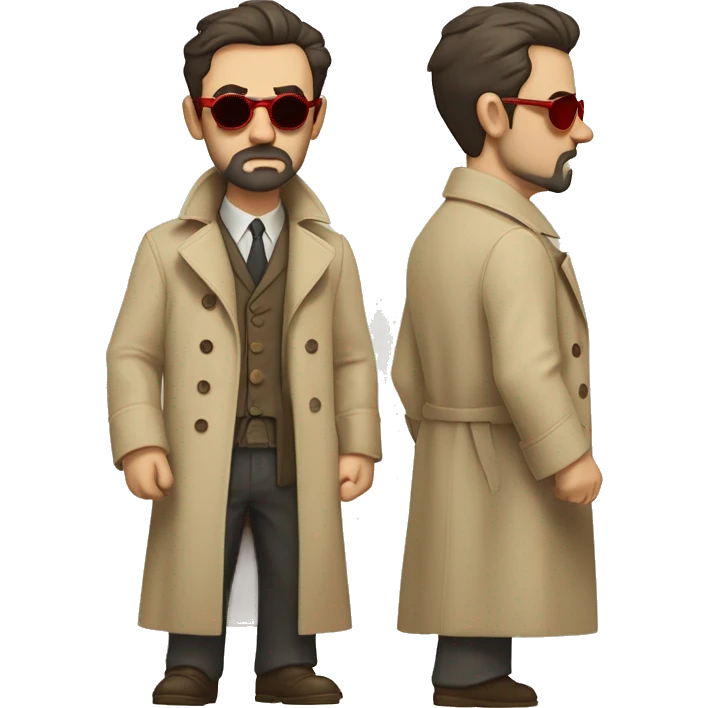 1930s investigator, a Caucasian man with short, dark hair and a rough beard, wears tiny red-tinted sunglasses and a dirty beige trench coat. He has a serious demeanor. emoji
