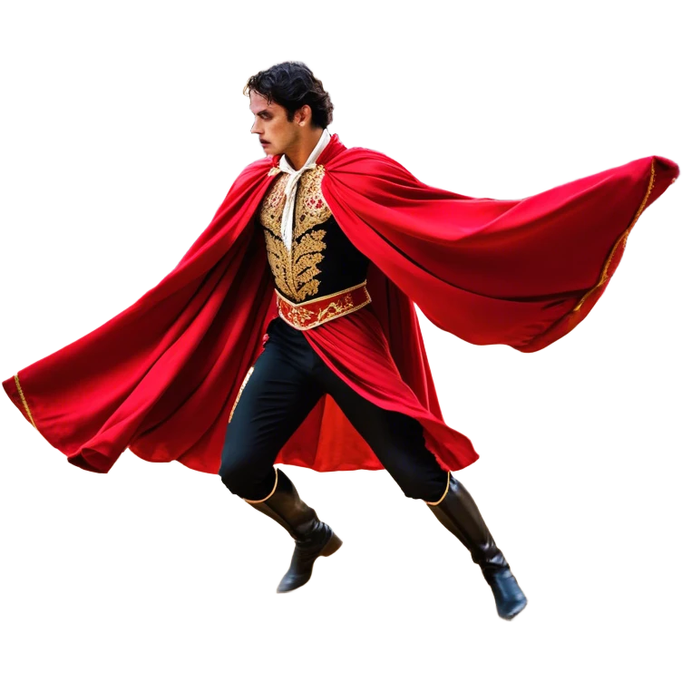 ​Cinematic Realistic Spanish Matador Holding a Red Cape, depicted in mid-action with a vibrant red cape flowing in the wind, dressed in an ornate traje de luces with shimmering details, confronting a charging bull in a dramatic arena, rendered with dynamic motion blur and vivid, high-contrast lighting, emoji