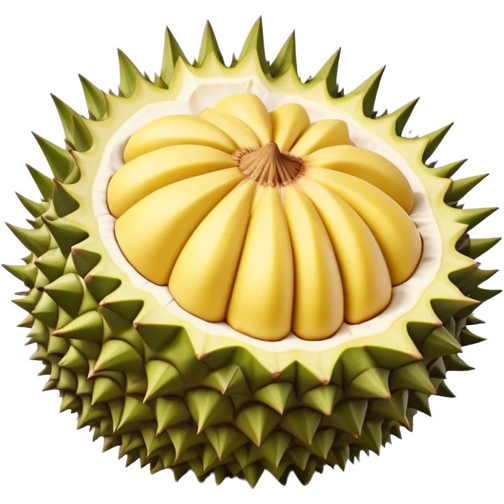 Cinematic Realistic Durian Fruit Dish Emoji, depicted as the notorious spiky fruit with a rich, custardy interior rendered with lifelike detail and bold, distinctive lighting. emoji