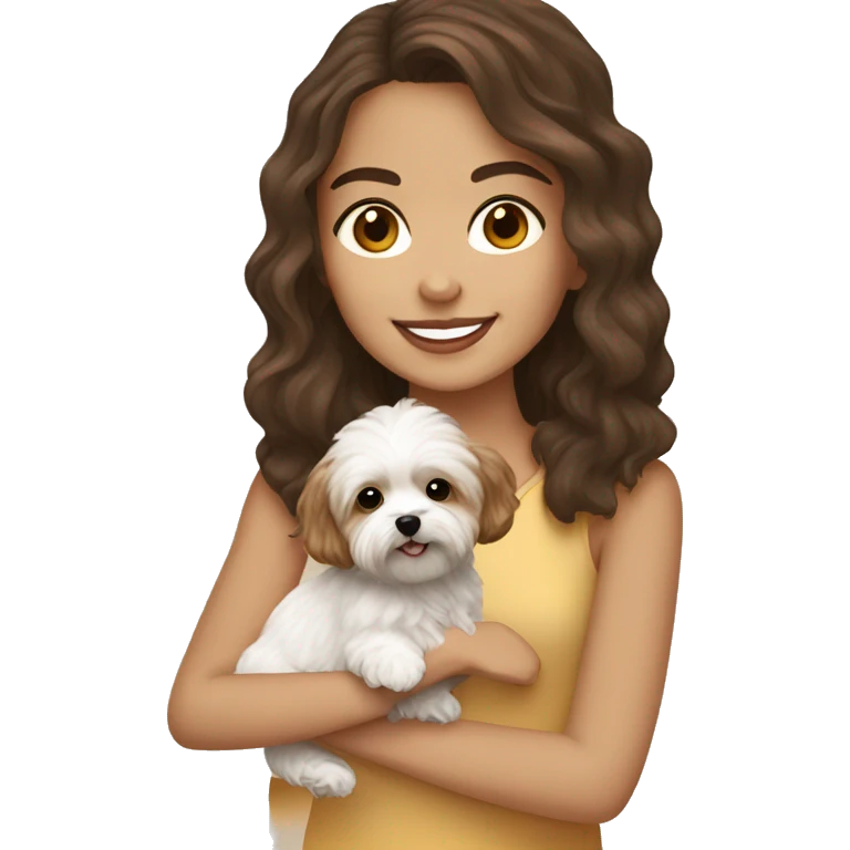Girl with brown hair and brown eyes holding a white maltipoo and light brown yorkie poo emoji