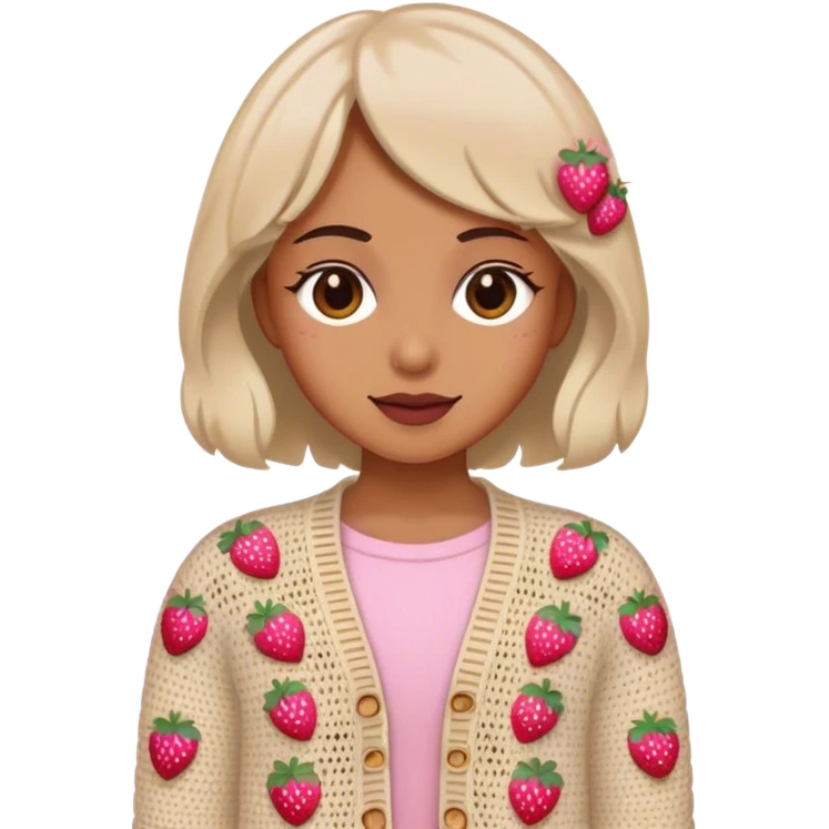 beige crocheted cardigan embroidered with small pink strawberries emoji