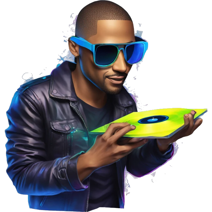 A dj wearing sunglasses playing music holding a cd record record, vinyl, oilslick holographic blacklight inverted graffiti dark dull emoji