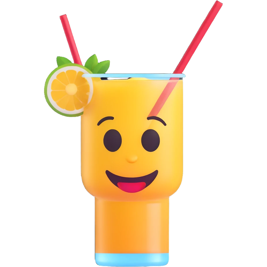 3D emoji style drink with a happy face and a straw emoji