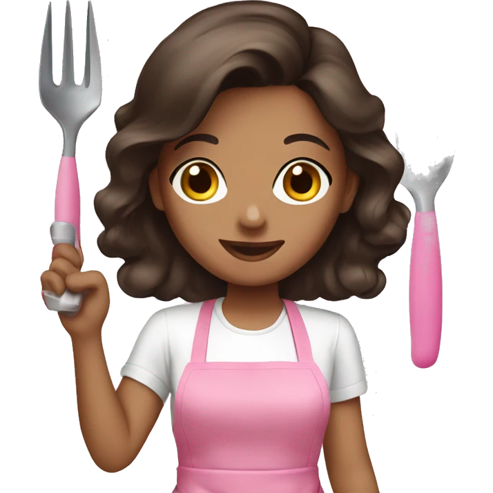 Brunette girl doing nail pink apron emoji
