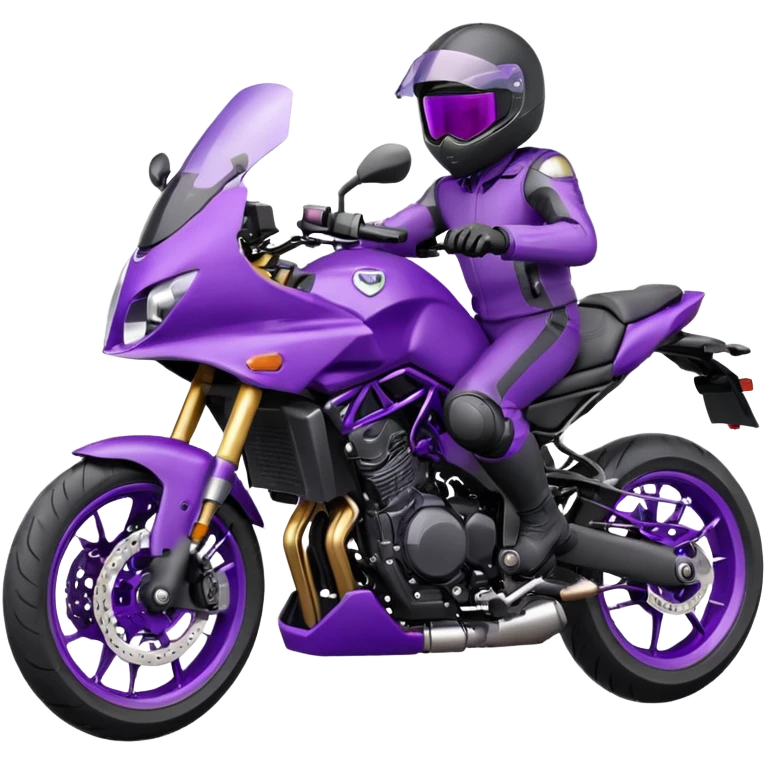 Créer un emoji avec une moto mt07 sport noir mate / violet iridescent très foncé, pare-brise de la moto violet. Avec une pilote dessus visière violet sombre visage caché . Avec fond arrière violet en arrière plan. emoji