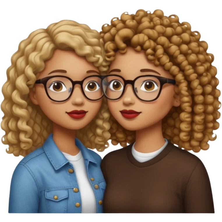 a light skin with straight hair and glasses and a light brown skin girl with curly hair kissing eschother emoji