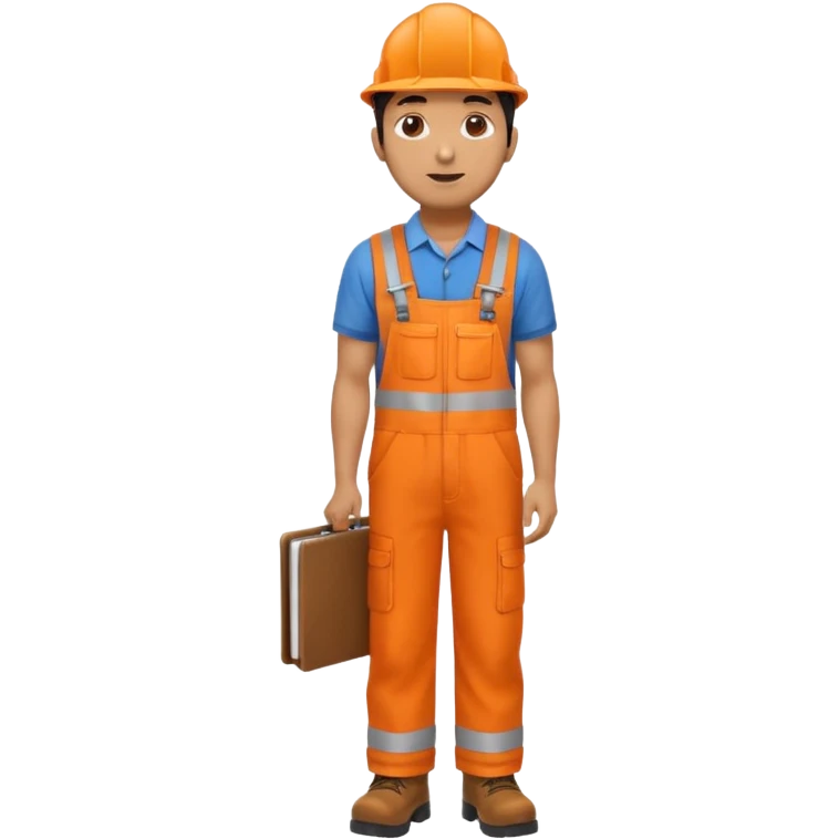 Indian male railway engineer orange overalls, boots holding a clipboard facing backwards emoji