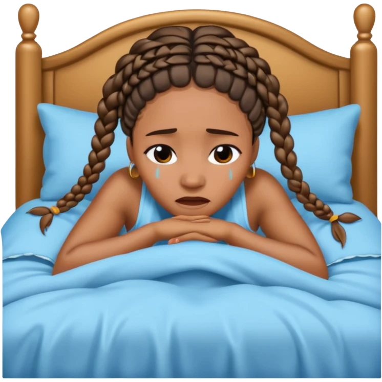 Black woman with braids in a big king size bed by herself crying emoji
