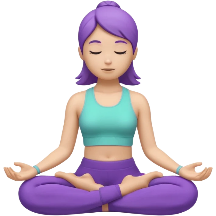 Modern premium 3D emoji icon: faceless gender-neutral person meditating (cross-legged) in sporty activewear, smooth rounded shapes, matte + subtle gloss, top-left studio light, soft shadow, faint halo aura. Purple outfit with a mint (or warm peach) accent. Centered, transparent background, no tex emoji