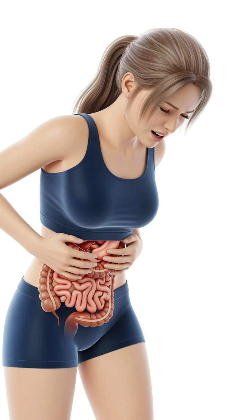 donna giovane piegata in avanti con mal di pancia e INTESTINO UMANO ANATOMICO IN EVIDENZA, iperrealistica 4k, ISOLATA SU SFONDO BIANCO emoji