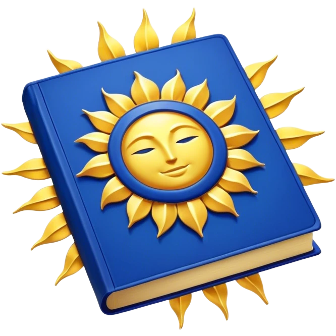 A golden yellow book with royal blue accents, smooth and polished, embossed with a symbol of six pillars, a sun, or a glowing mirror, radiating strength, confidence, and the power of self-worth.  emoji
