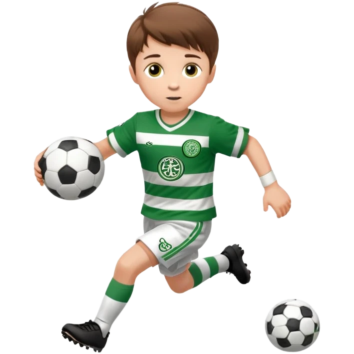 Celtic footballer jersey logo  6 years old brown hair white boy , brown eyes , stripes uniform , RUNNING  with soccer ball # 17 celtic football logo PUT ONLY ONE LOGO ONE CELTIC LOGO ONLY  emoji