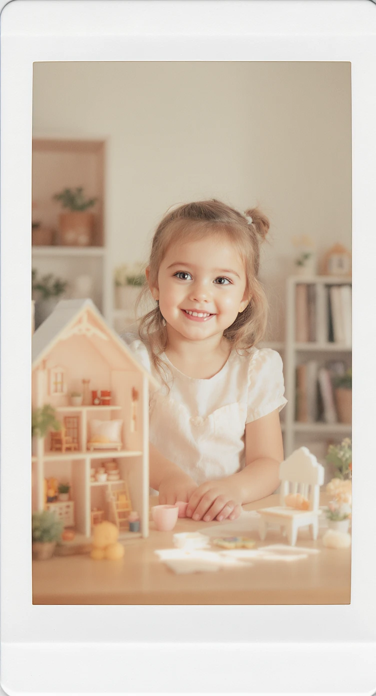 smiling girl arranging furniture in doll house emoji
