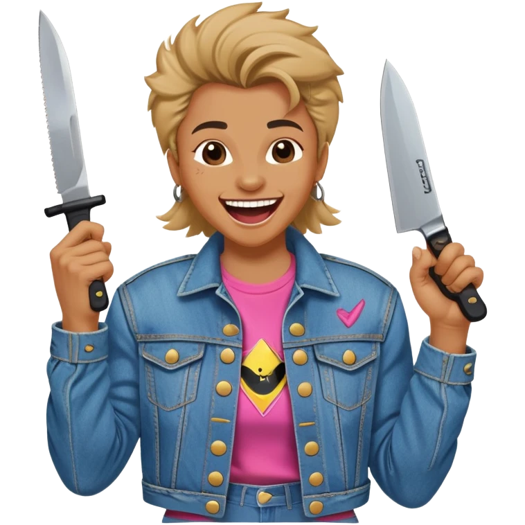 savage person wearing 80s 1988 outfit, denim jacket with shoulder pads, holding a knife, laughing maniacally emoji