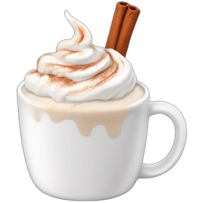 white mug of hot chocolate with whipped cream and cinnamon emoji