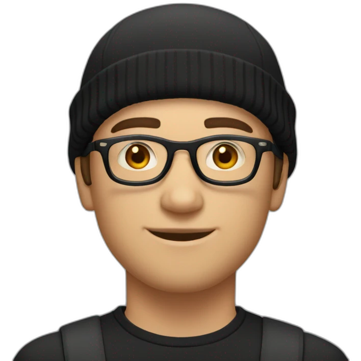 white young man with round glasses and black straight short hair and short black thin beard with a black beanie hat emoji