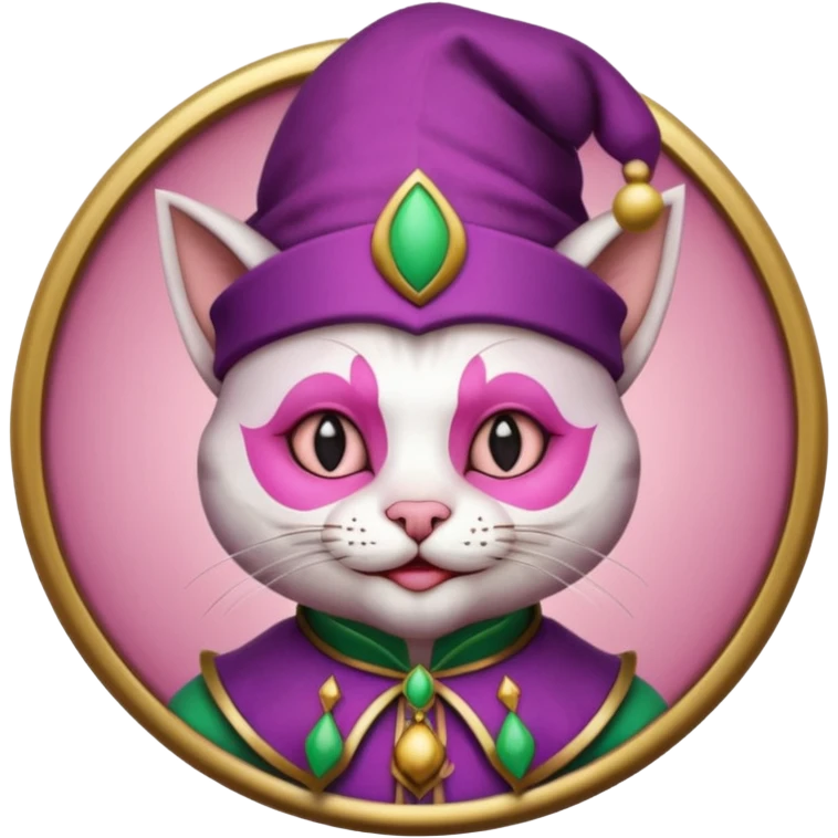 court jester cat medieval, single poker card joker clearly visible, pink, face only, round badge,  court jester cap emoji