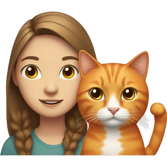 Orange cat with a fair-skinned girl with brown hair. emoji