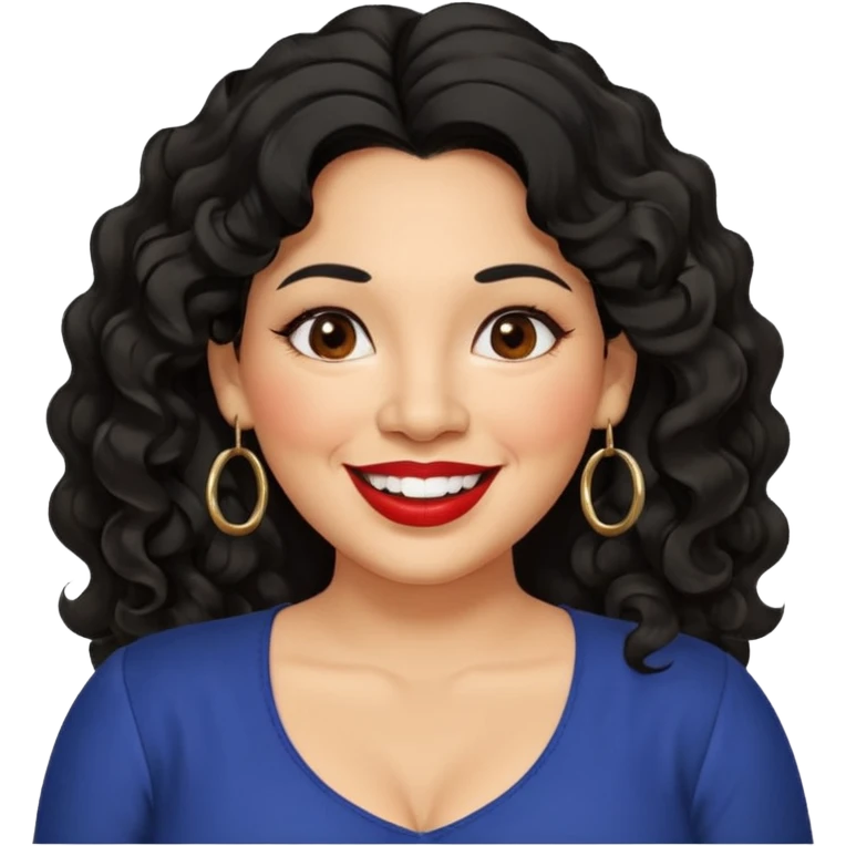40 yr old Mexican woman, slightly chubby, wavy/curly long black hair, red lipstick, big smile, white teeth, brown eyes, hoop earings, side part to hair, round face, nice blouse, no wrinkle hair side swept, big hoop earing emoji