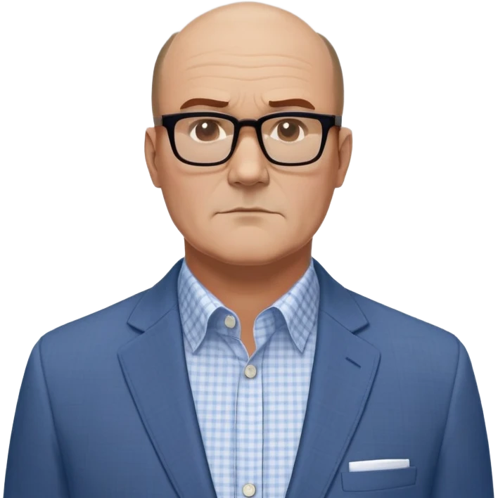 Larger 50-year-old man with extremely wide square face and big square jawline. Balding with hair on top but very little on sides. Large dark square-framed glasses. Serious expression. Wearing a light gray blazer that accommodates his bigger build, white button-up shirt with blue checkered pattern. emoji