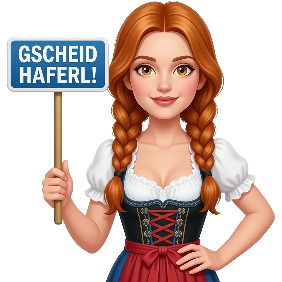 sexy girl with overlong ginger hair in braids and ginger eyes wearing a dirndl holding a GSCHEID HAFERL! sign emoji
