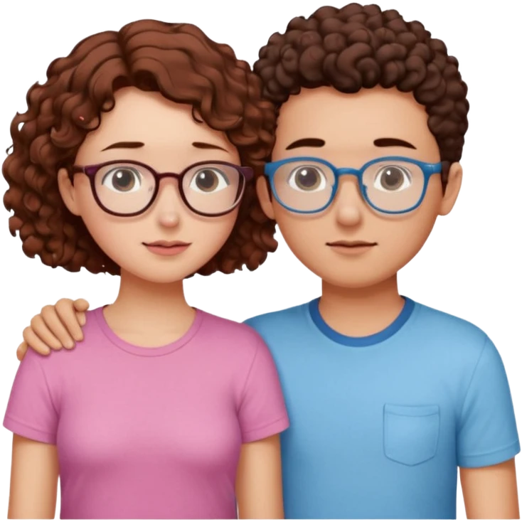 a couple where de girl has short, redish brown hair, pink shirt and the boy has short curly dark brown hair, has glasses and has light blue shirt. they are facing each other and their noses touch emoji