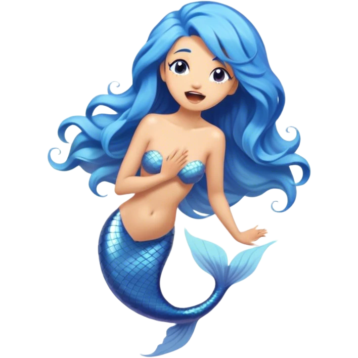 Cinematic Realistic Blue Hair Mermaid Portrait, head tilted slightly with a dramatic, wide-open yawn, revealing a tender, relaxed visage with intricately detailed, tanned skin and vibrant, cascading blue hair softly billowing around her. Her dreamy eyes exude a serene, aquatic charm, rendered with gentle underwater lighting and a soft, high-shine finish that captures the essence of a drowsy yet captivating mermaid drifting into tropical slumber. emoji