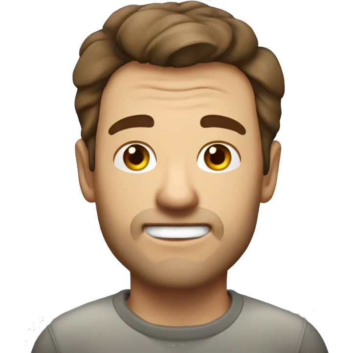 Man with brown quiffed hair with grey bits in, cubby cheeky, stubble, tortoise plastic glass square on emoji