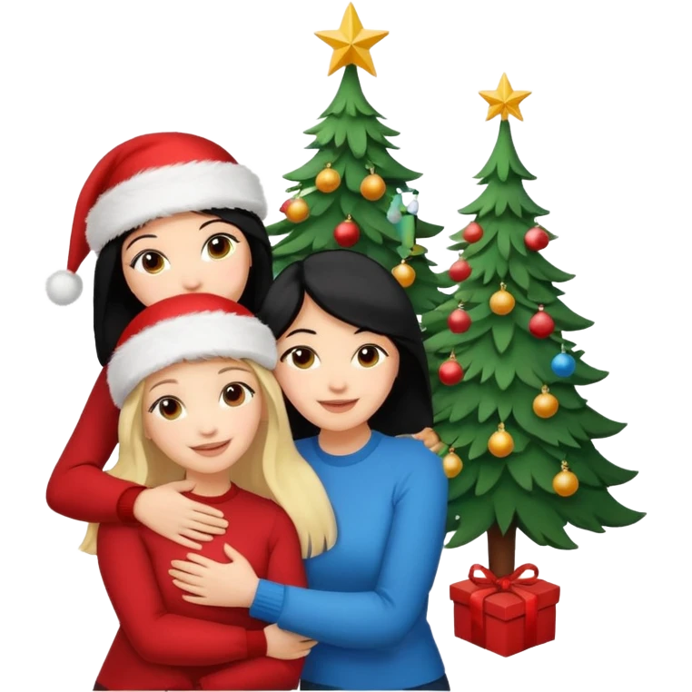 Generate Christmas-style emojis  family. Where light-skinned people stand near the tree all together, hugging and smiling. 2 girl should be Light-haired woman, 1 woman black-haired woman, and 1 man  emoji