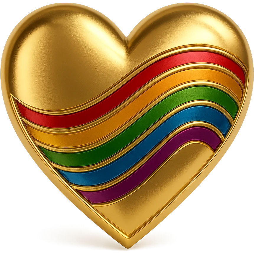 shiny gold heart with rainbow pride accents, gold style emoji