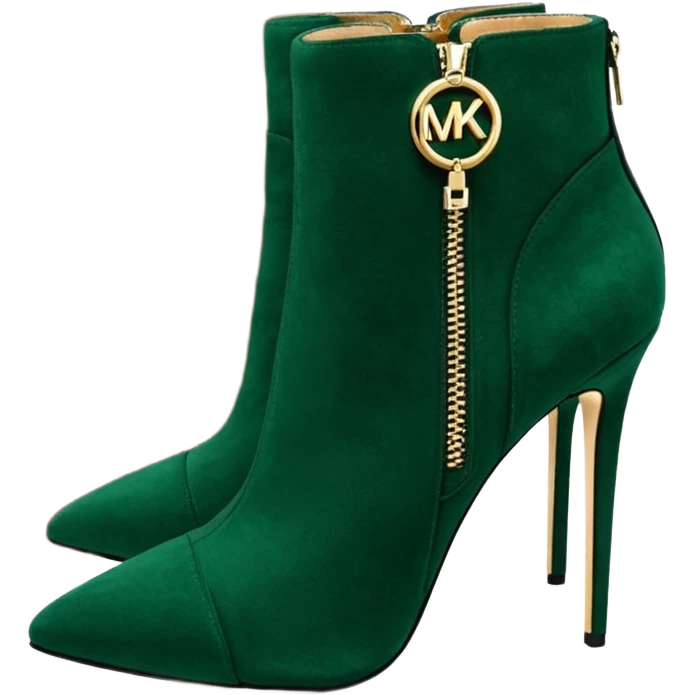 Hyper Realistic, Michael Kors jewel tone emerald green suede pairs of stiletto ankle bootie boots, detailed  sparkly logo detailed zipper emoji