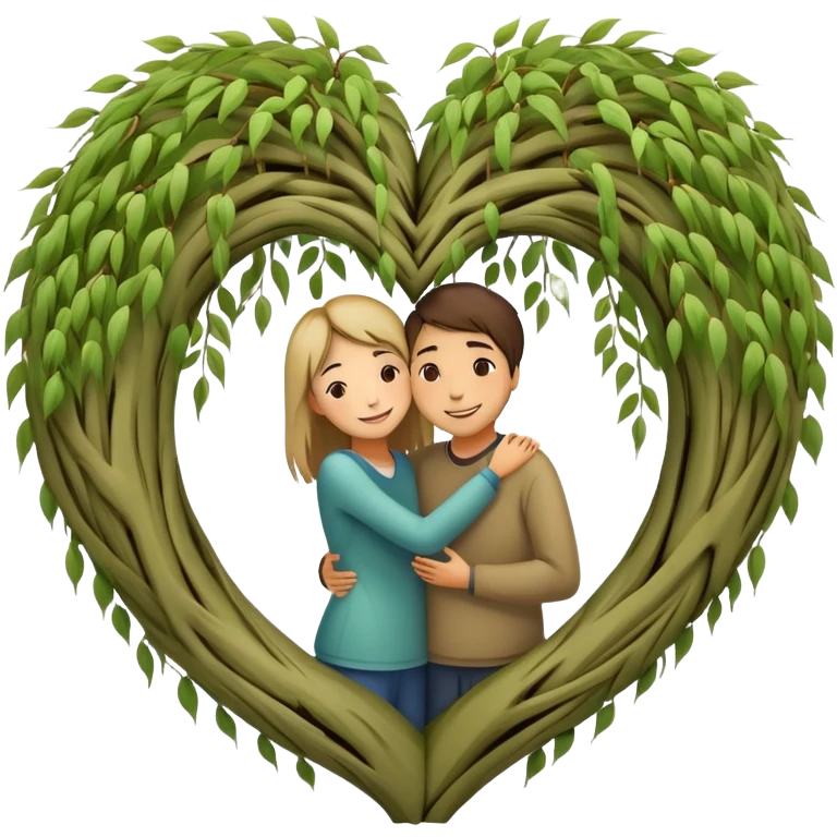 heart-shaped weeping willow tree with two people hugging inside the heart shape, with a small heart above them emoji