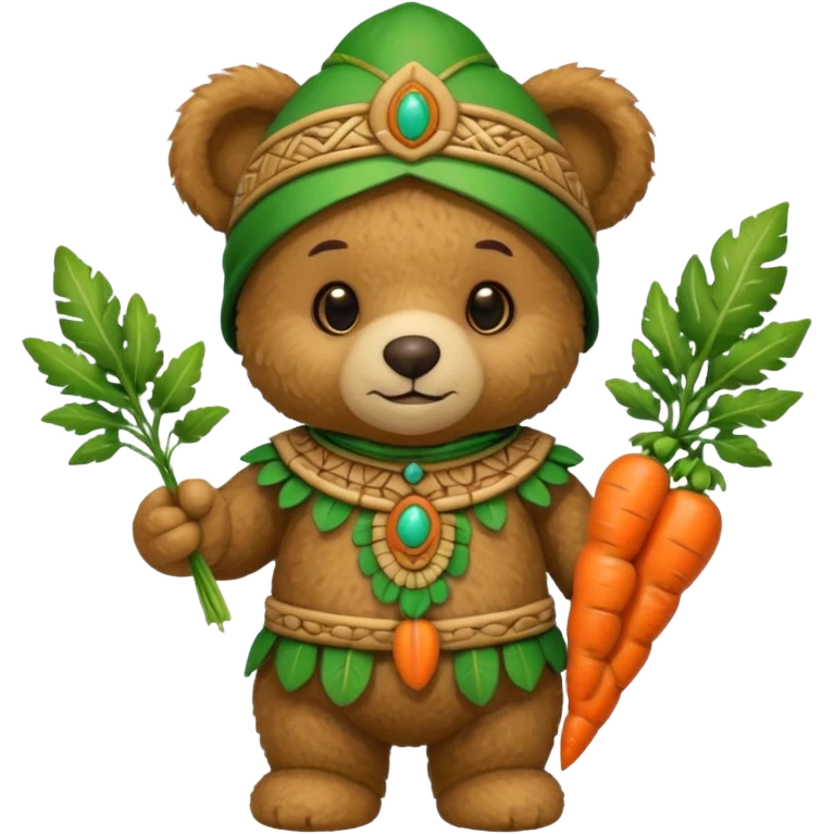 teddy bear, wearing green mayan ancient custome, with carrot emoji