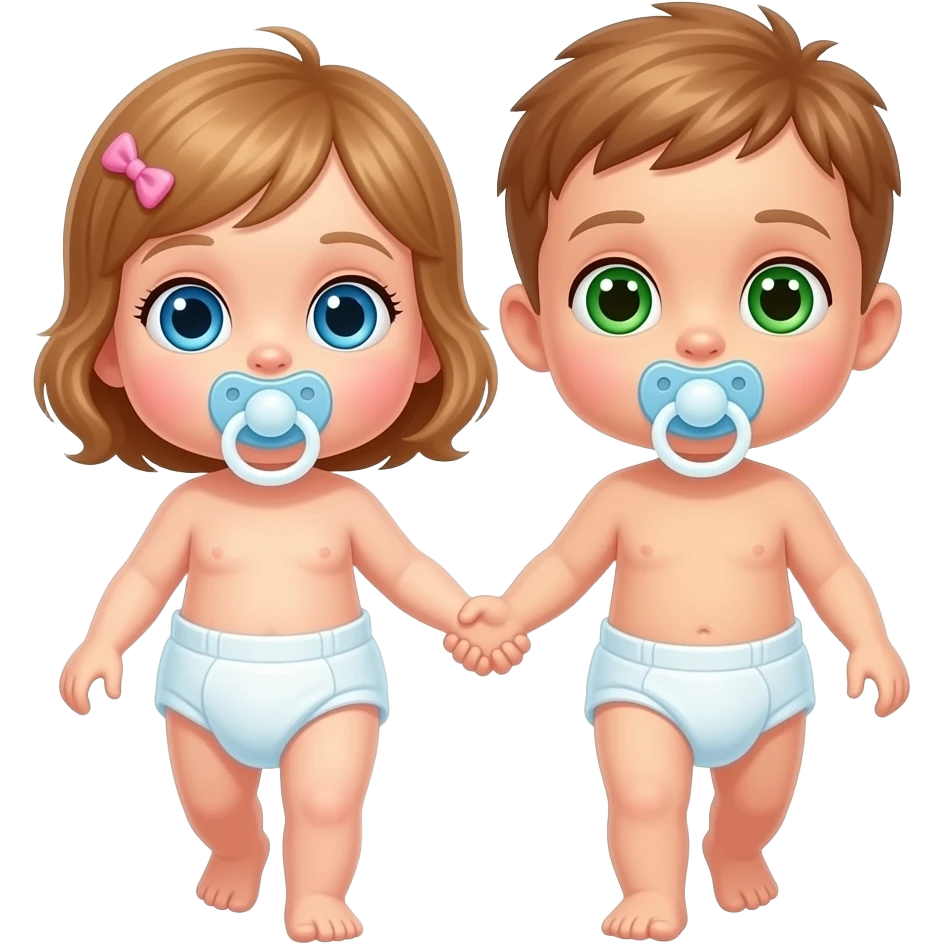 A blue-eyed baby girl and green-eyed baby boy walking and holding handsand wearing a cloth diaper sucking on pacifier emoji