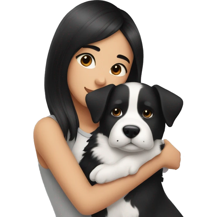 medium black hair girl cuddling a black and white dog emoji
