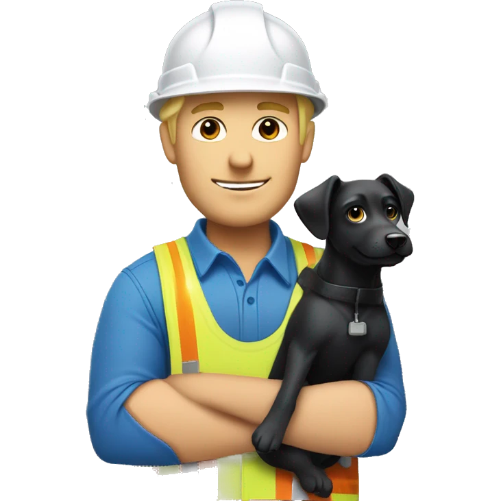 Blonde male Construction worker wearing a hat and blue work wear with little black dog on his arm emoji