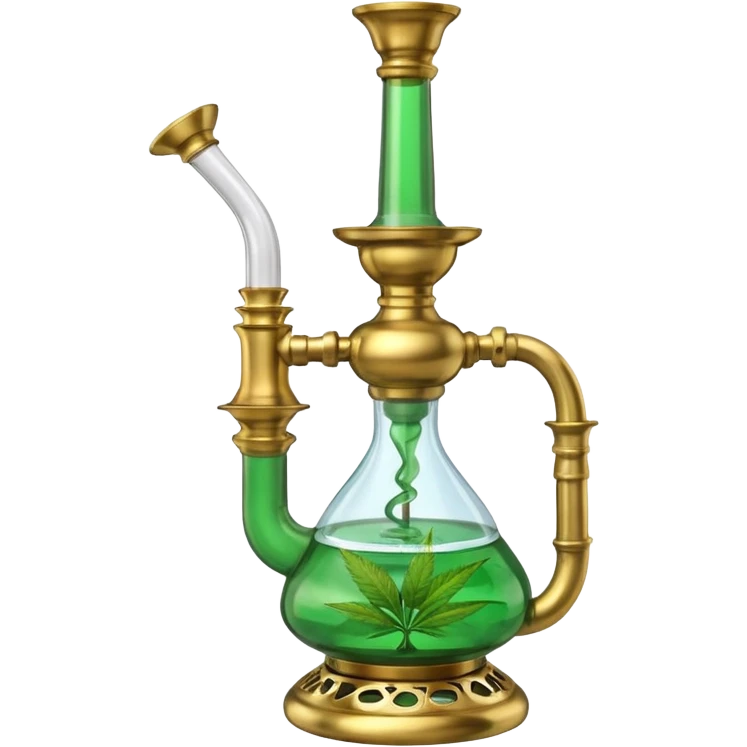 Brass hookah with green design on a glass water base and a weed banger on the top emoji