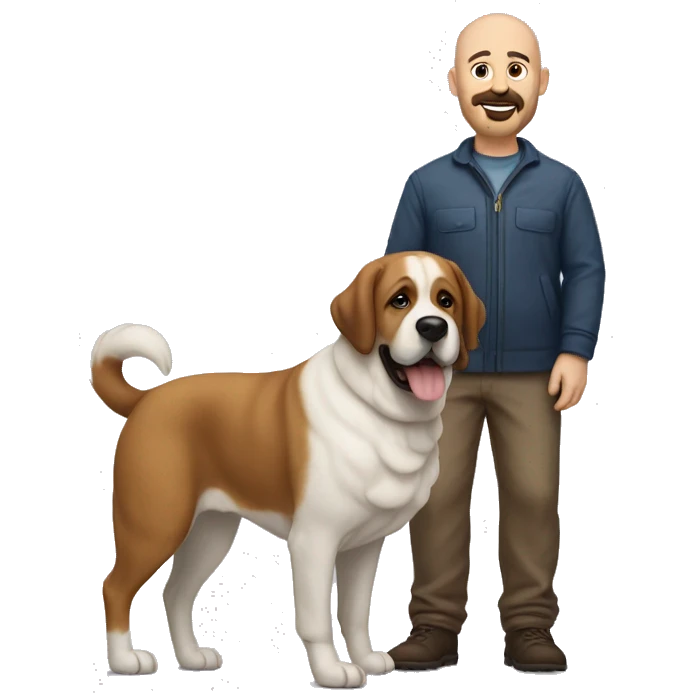 A 50 year old bald man with a short beard and his big Saint Bernard dog emoji