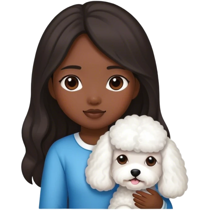 Asian girl with dark skin and long hair and a bichon emoji