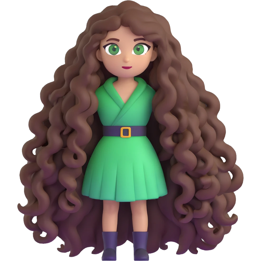 Character with extremely long enormous curly brown hair and striking green eyes emoji