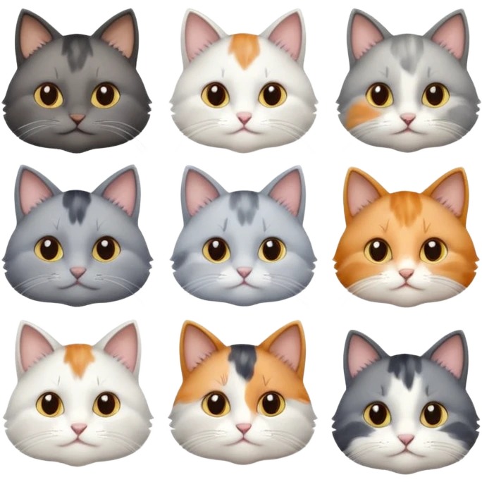 6 realistic looking cats with different natural coloured coats, assorted grey and white, greys, calico, brown and white colours etc
 emoji