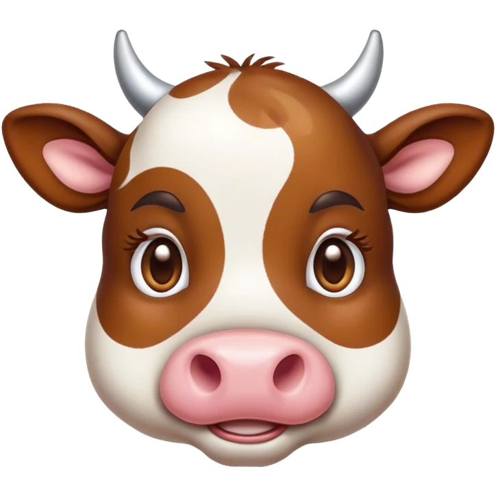 Cinematic Cute Brown and White Cow Portrait Emoji, Head tilted playfully and inquisitively, featuring a glossy, richly patterned hide of brown with striking white patches, round, sparkling brown eyes filled with gentle curiosity, Simplified yet irresistibly adorable features, highly detailed, glowing with a warm, friendly glow, high shine, affectionate and serene, stylized with a touch of country charm, bright and endearing, soft glowing outline, capturing the essence of a mischievous yet loving cow, so playful it feels like it could moo out of the screen and into your arms! emoji